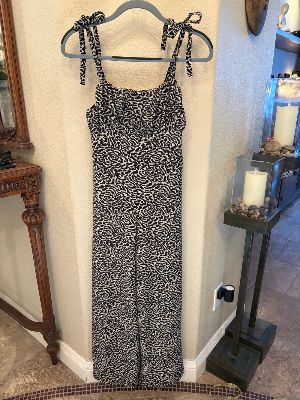Topshop Women Black Cream Pattern Tie-Shoulder Jumpsuit Size 6